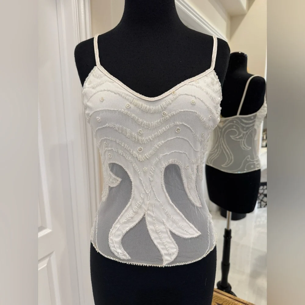 Delicate White hand Beaded Mesh Cami Top on stretch mesh - Picture 1 of 3